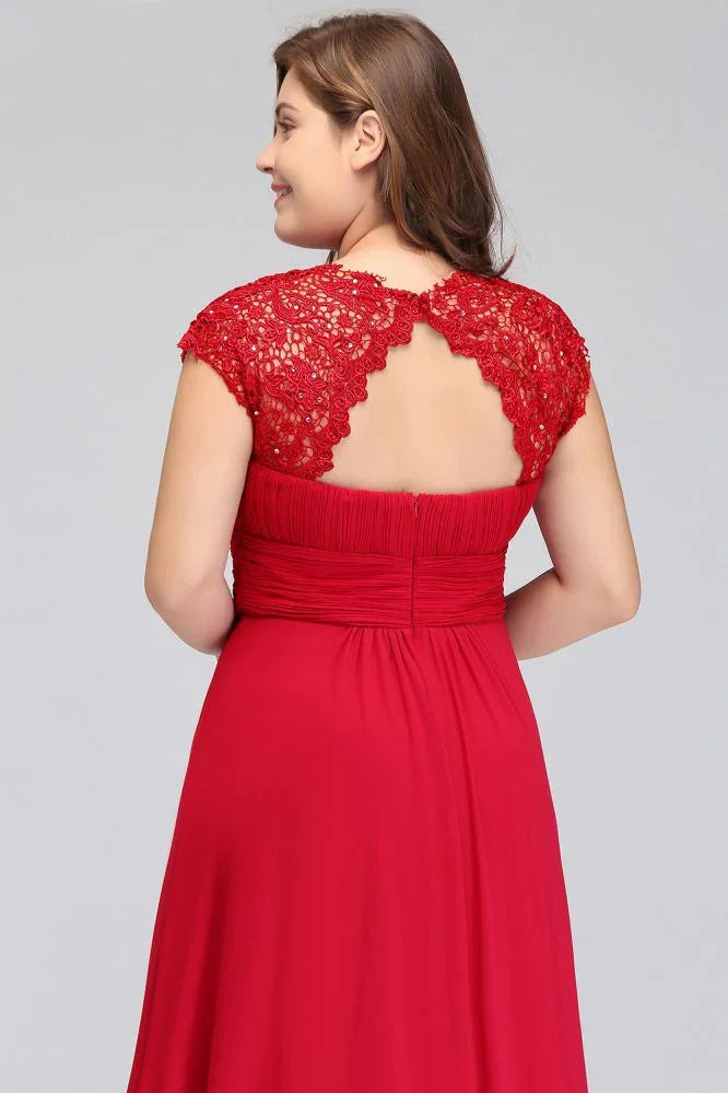 Robe de soirée en mousseline avec appliques, coupe droite, longueur au sol, grande taille, manches courtes cape en dentelle