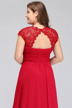 Robe de soirée en mousseline avec appliques, coupe droite, longueur au sol, grande taille, manches courtes cape en dentelle