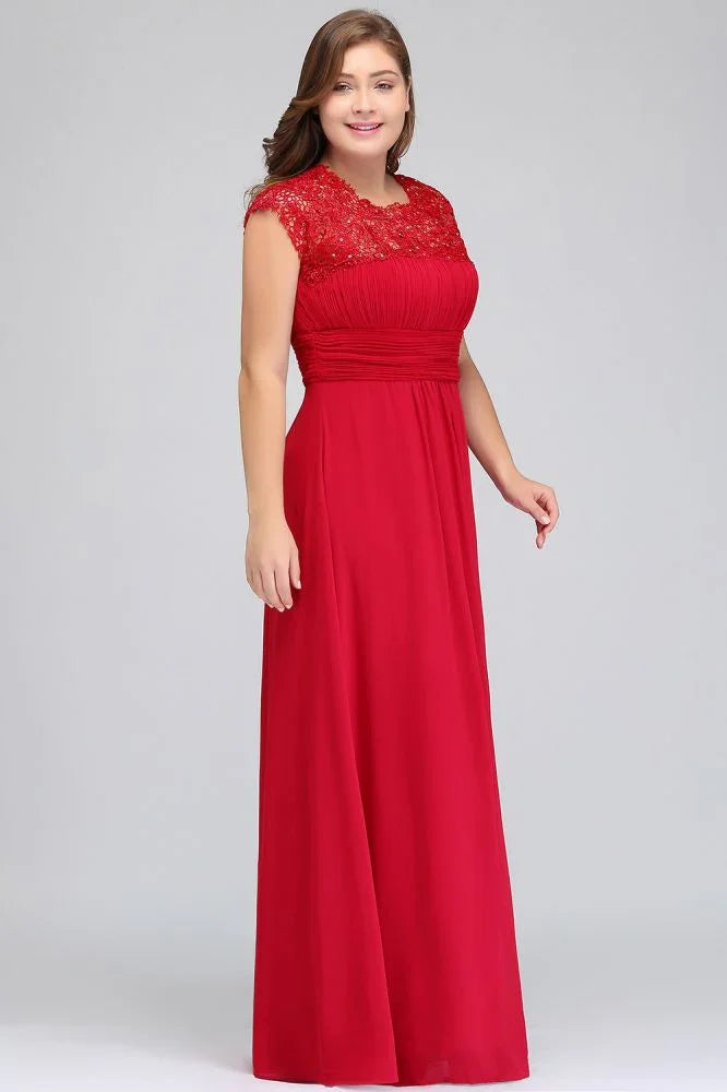 Robe de soirée en mousseline avec appliques, coupe droite, longueur au sol, grande taille, manches courtes cape en dentelle