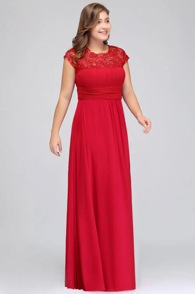 Robe de soirée en mousseline avec appliques, coupe droite, longueur au sol, grande taille, manches courtes cape en dentelle
