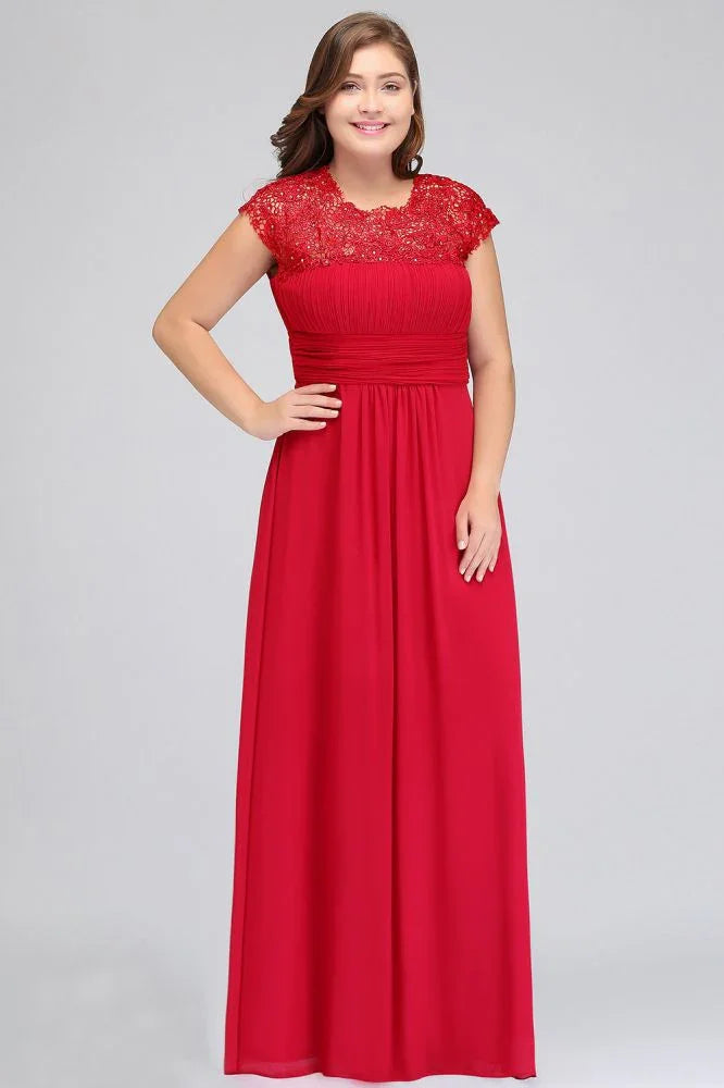 Robe de soirée en mousseline avec appliques, coupe droite, longueur au sol, grande taille, manches courtes cape en dentelle