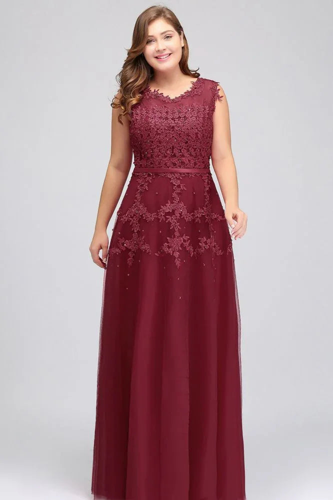 A-Linien-Besatz bodenlang ärmelloses Abendkleid in Übergröße aus Tüll mit Applikationen und Kristallen