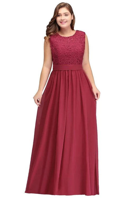 Abito da sera lungo senza maniche in chiffon di pizzo taglia comoda a linea ad A con fascia