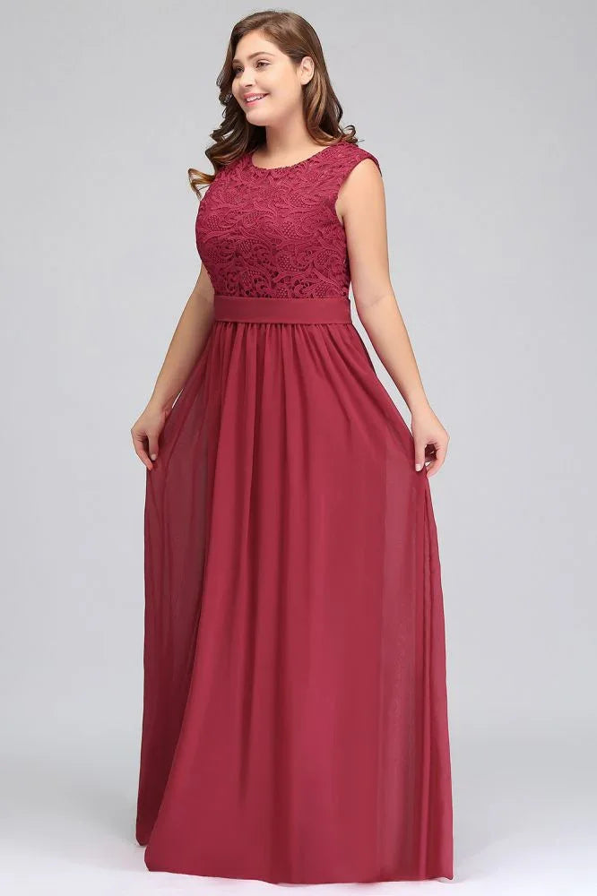 Robes de soirée longues sans manches en dentelle et mousseline, coupe droite, grande taille, avec ceinture