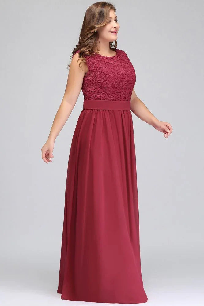 Robes de soirée longues sans manches en dentelle et mousseline, coupe droite, grande taille, avec ceinture