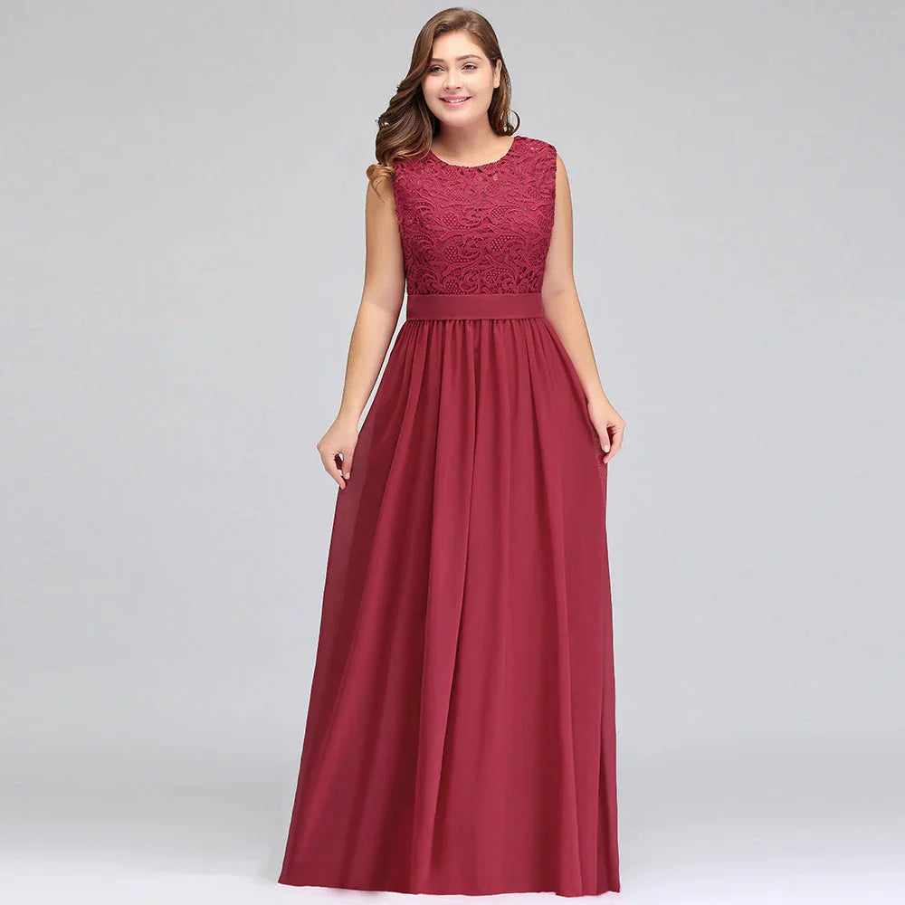 Robes de soirée longues sans manches en dentelle et mousseline, coupe droite, grande taille, avec ceinture