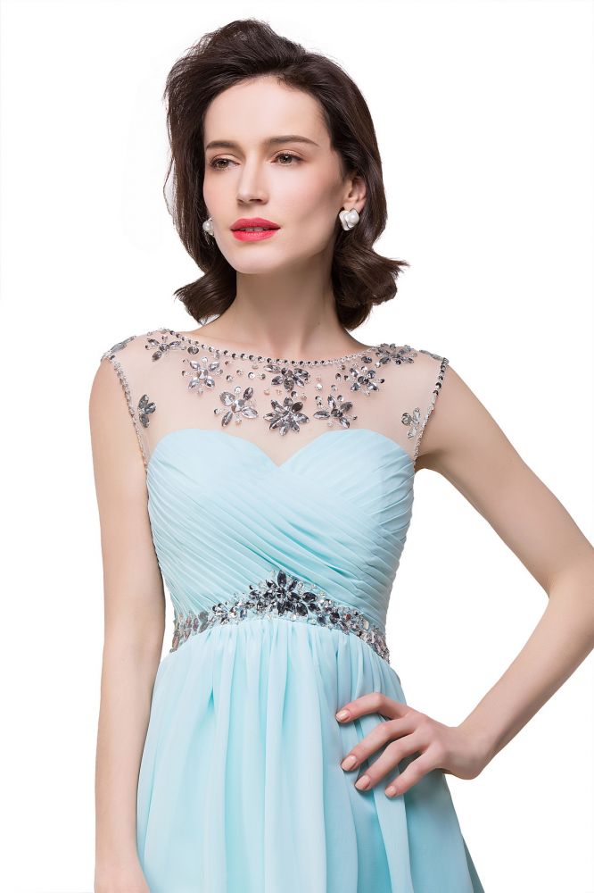 Vestido de festa em chiffon com joia de cristal em linha A