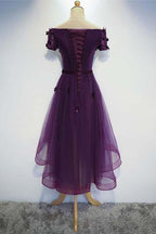 Vestido de fiesta morado de corte A, bonito, alto bajo, vestido morado para regreso a casa