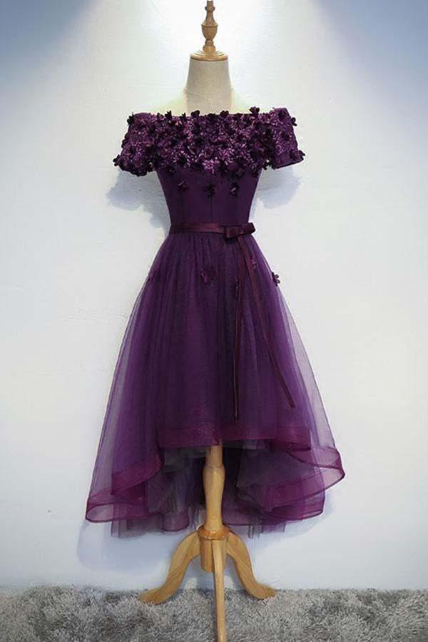 Vestido de fiesta morado de corte A, bonito, alto bajo, vestido morado para regreso a casa