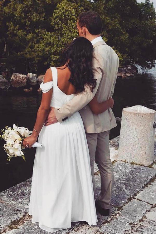 Abito da sposa elegante in chiffon avorio a linea ad A per matrimonio in spiaggia