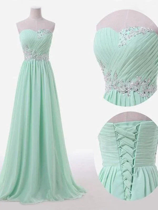 Abito da damigella elegante a linea ad A, senza maniche, con scollo a cuore, lungo fino al pavimento, in chiffon con perline