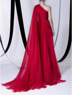 Abito da sera formale impero a linea A sexy per invitata a matrimonio, monospalla senza maniche, con strascico alla corte, chiffon con perline e spacco