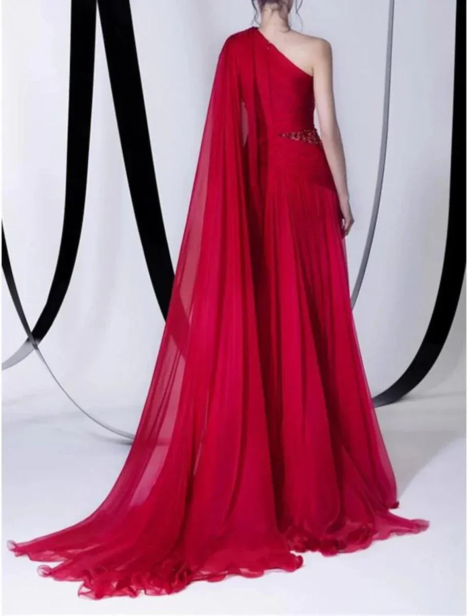 Abito da sera formale impero a linea A sexy per invitata a matrimonio, monospalla senza maniche, con strascico alla corte, chiffon con perline e spacco