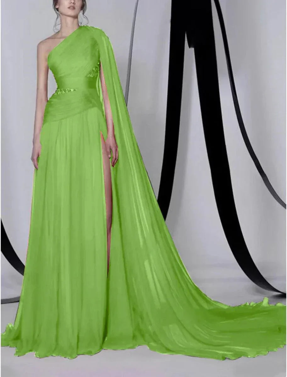 Robe de soirée formelle pour invitée de mariage, ligne A, taille empire, sexy, une épaule, sans manches, traîne courte, en mousseline avec perles, fendue