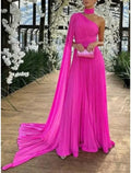 Abito da sera a linea ad A elegante formale con strascico spazzola senza maniche monospalla in chiffon con pieghe arricciate