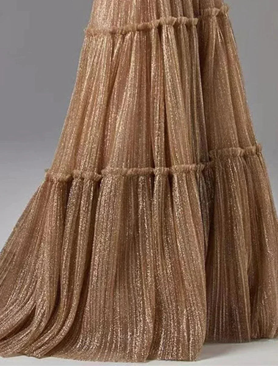 Vestido de Noite Sunnderly em Linha A, Vestido Cintilante, Formal para Convidada de Casamento, Comprimento até ao Chão, Sem Mangas, Sem Alças, Tule com Pregas
