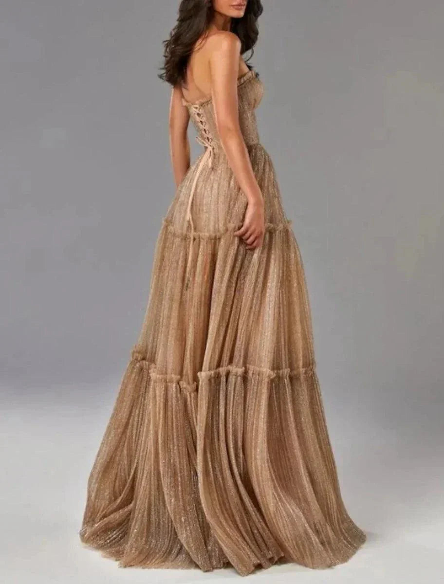 Vestido de Noite Sunnderly em Linha A, Vestido Cintilante, Formal para Convidada de Casamento, Comprimento até ao Chão, Sem Mangas, Sem Alças, Tule com Pregas