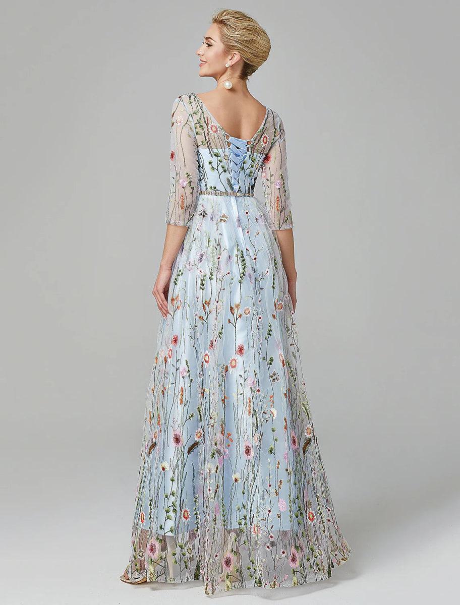Vestido de Festa Sunnderly em Linha A, Vestido Floral para Noite, Convidada de Casamento de Férias, Comprimento até ao Chão, Manga 3/4, Decote Ilusão, Renda com Bordado