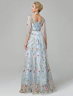 Vestido de Festa Sunnderly em Linha A, Vestido Floral para Noite, Convidada de Casamento de Férias, Comprimento até ao Chão, Manga 3/4, Decote Ilusão, Renda com Bordado