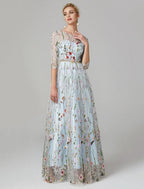 Vestido de Festa Sunnderly em Linha A, Vestido Floral para Noite, Convidada de Casamento de Férias, Comprimento até ao Chão, Manga 3/4, Decote Ilusão, Renda com Bordado