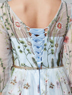 Vestido de Festa Sunnderly em Linha A, Vestido Floral para Noite, Convidada de Casamento de Férias, Comprimento até ao Chão, Manga 3/4, Decote Ilusão, Renda com Bordado