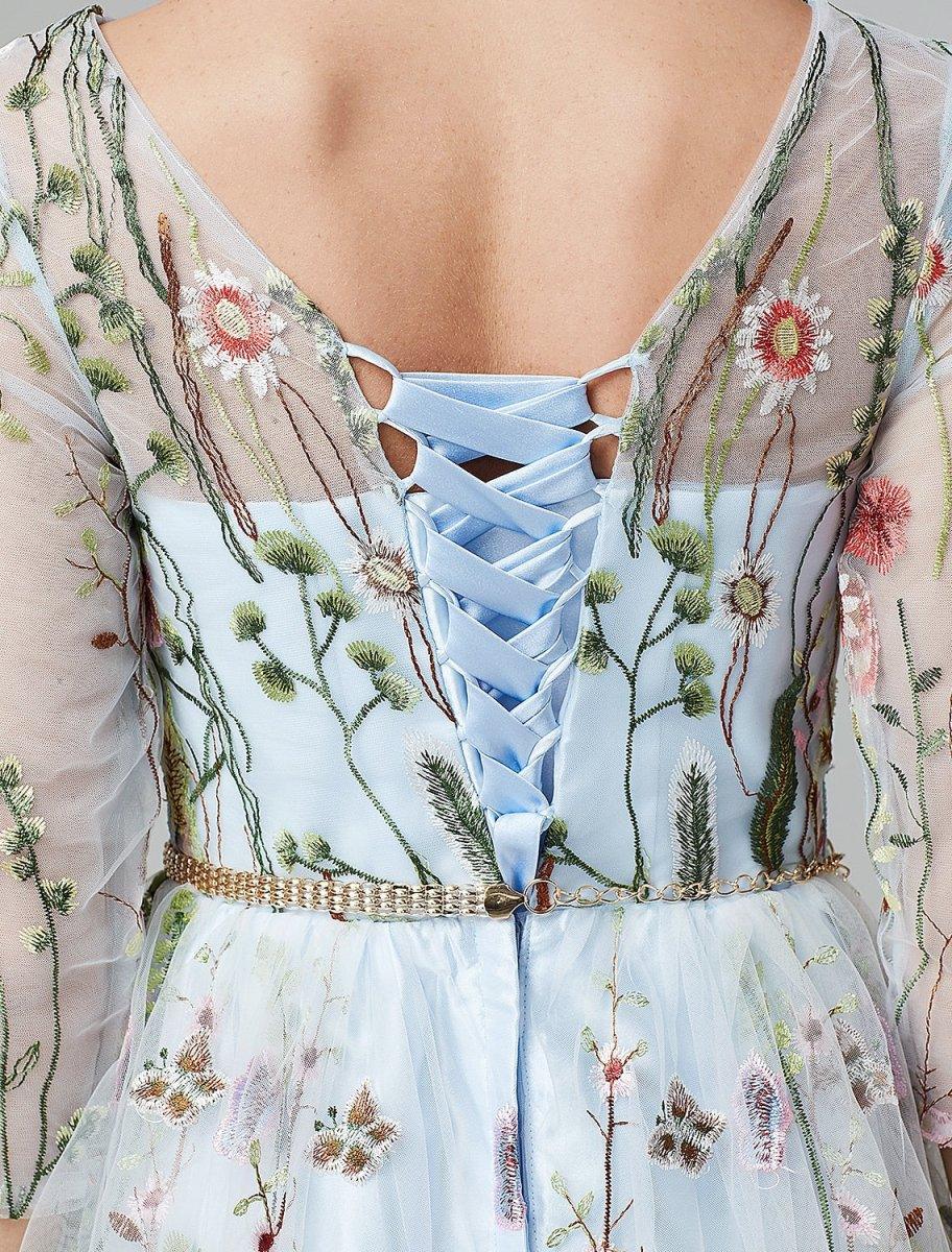 Vestido de Festa Sunnderly em Linha A, Vestido Floral para Noite, Convidada de Casamento de Férias, Comprimento até ao Chão, Manga 3/4, Decote Ilusão, Renda com Bordado