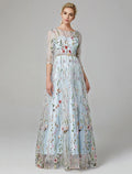 Vestido de Festa Sunnderly em Linha A, Vestido Floral para Noite, Convidada de Casamento de Férias, Comprimento até ao Chão, Manga 3/4, Decote Ilusão, Renda com Bordado