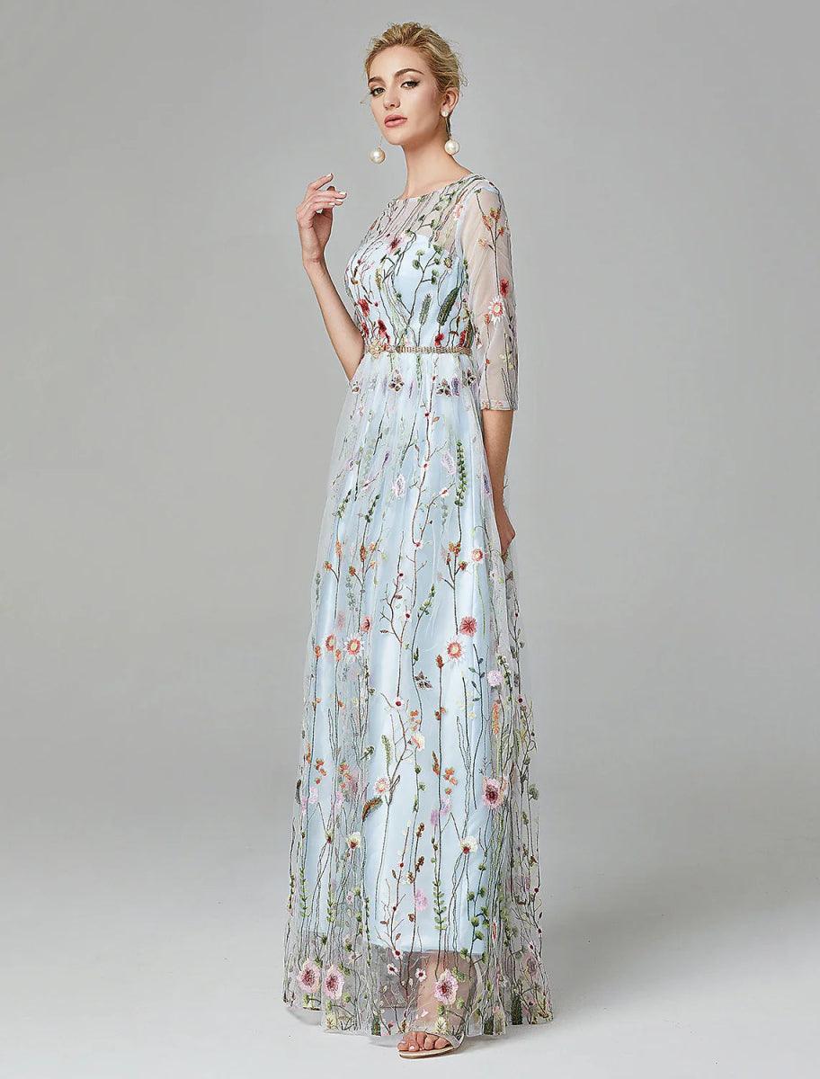 Vestido de Festa Sunnderly em Linha A, Vestido Floral para Noite, Convidada de Casamento de Férias, Comprimento até ao Chão, Manga 3/4, Decote Ilusão, Renda com Bordado