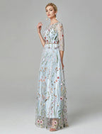 Vestido de Festa Sunnderly em Linha A, Vestido Floral para Noite, Convidada de Casamento de Férias, Comprimento até ao Chão, Manga 3/4, Decote Ilusão, Renda com Bordado