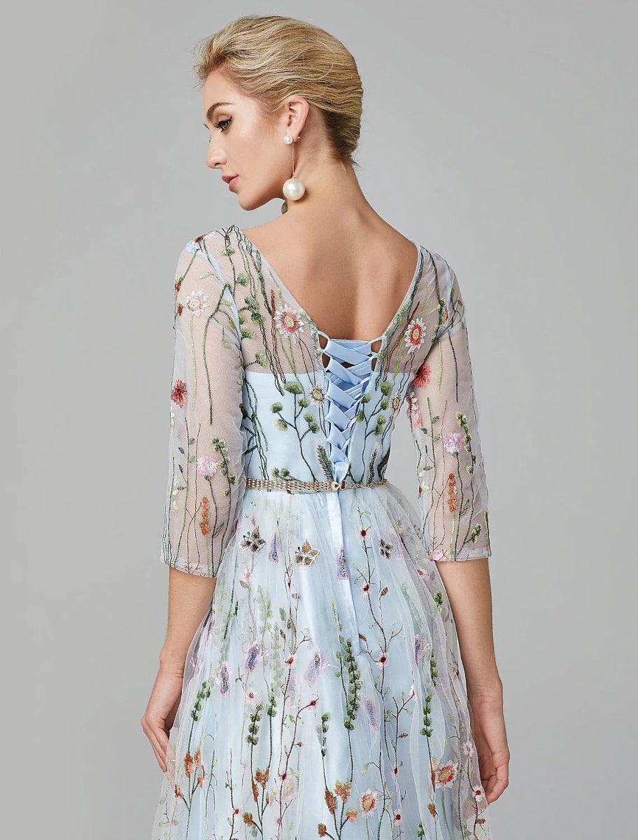 Vestido de Festa Sunnderly em Linha A, Vestido Floral para Noite, Convidada de Casamento de Férias, Comprimento até ao Chão, Manga 3/4, Decote Ilusão, Renda com Bordado