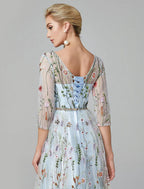 Vestido de Festa Sunnderly em Linha A, Vestido Floral para Noite, Convidada de Casamento de Férias, Comprimento até ao Chão, Manga 3/4, Decote Ilusão, Renda com Bordado