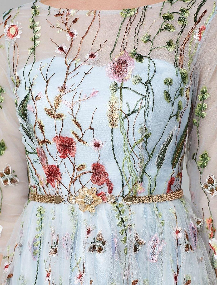 Vestido de Festa Sunnderly em Linha A, Vestido Floral para Noite, Convidada de Casamento de Férias, Comprimento até ao Chão, Manga 3/4, Decote Ilusão, Renda com Bordado