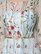 Vestido de Festa Sunnderly em Linha A, Vestido Floral para Noite, Convidada de Casamento de Férias, Comprimento até ao Chão, Manga 3/4, Decote Ilusão, Renda com Bordado