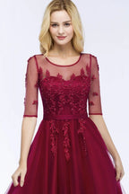 Vestido de Dama de Honra em Tule com Aplicações, Comprimento até ao Chão, Linha A, Manga Curta, Vestido de Noite