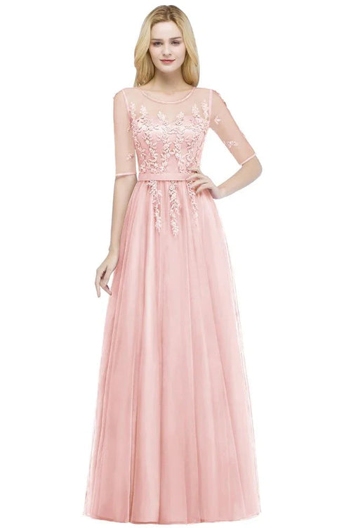 Abito da damigella in tulle con applicazioni, linea a trapezio, lunghezza fino al pavimento, manica mezza, abito da sera