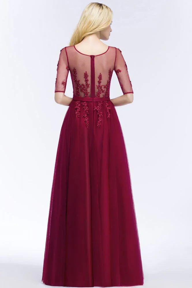 Vestido de Dama de Honra em Tule com Aplicações, Comprimento até ao Chão, Linha A, Manga Curta, Vestido de Noite