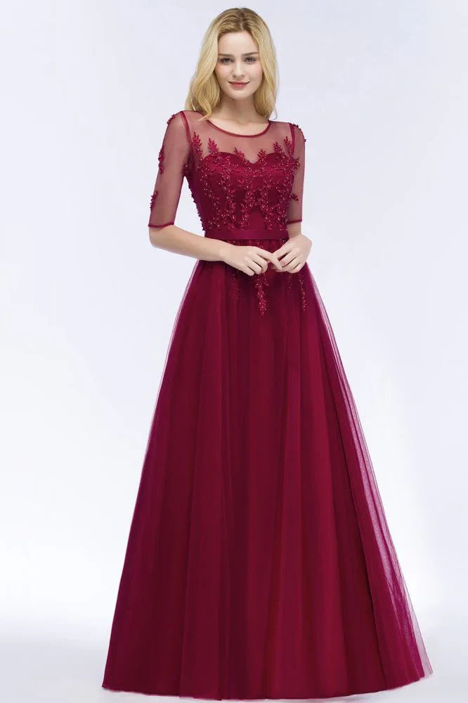 Abito da damigella in tulle con applicazioni, linea a trapezio, lunghezza fino al pavimento, manica mezza, abito da sera