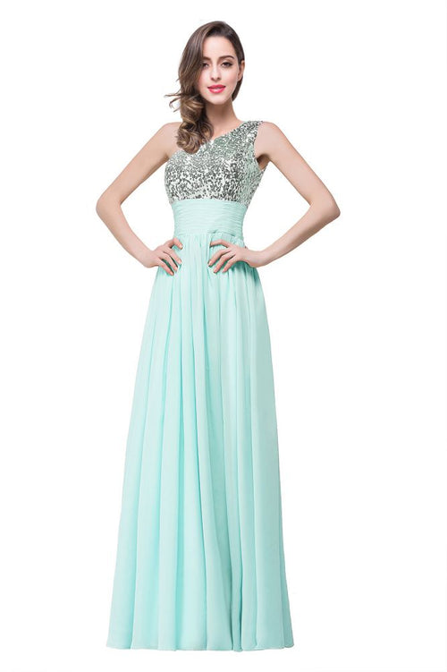 Abito da sera lungo fino al pavimento a linea ad A in chiffon con paillettes
