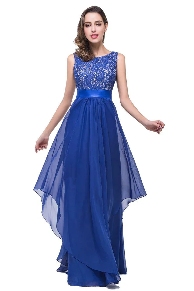 Abito da sera lungo fino al pavimento in chiffon e pizzo a linea ad A