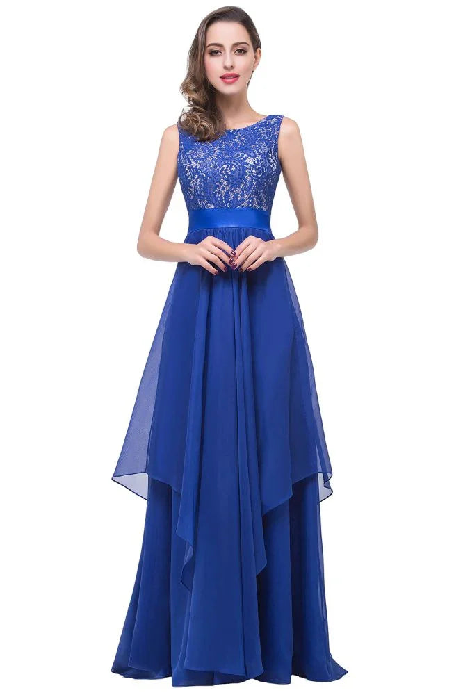 Robe de soirée longue en mousseline et dentelle, coupe trapèze