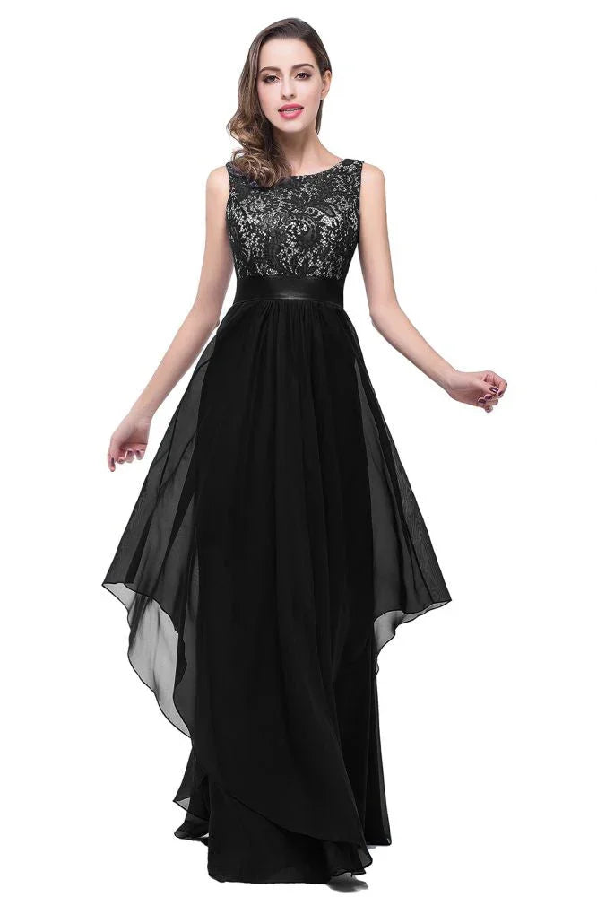 Robe de soirée longue en mousseline et dentelle, coupe trapèze