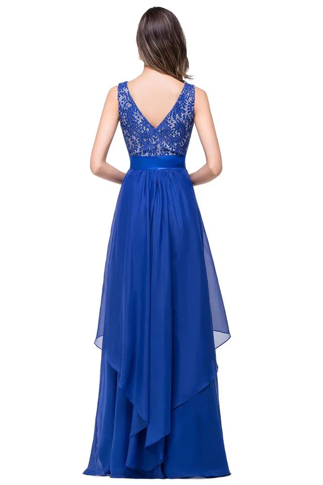 Abito da sera lungo fino al pavimento in chiffon e pizzo a linea ad A