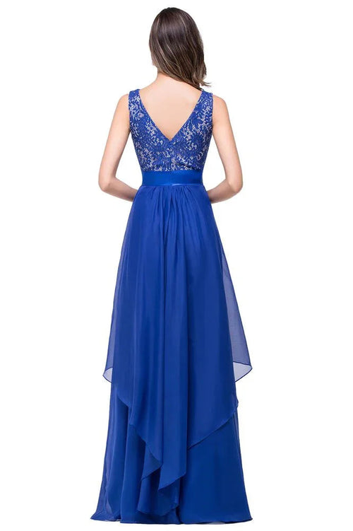 Abito da sera lungo fino al pavimento in chiffon e pizzo a linea ad A