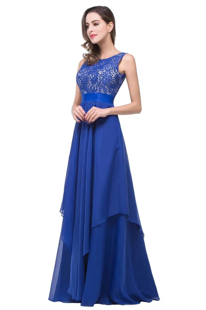 Abito da sera lungo fino al pavimento in chiffon e pizzo a linea ad A