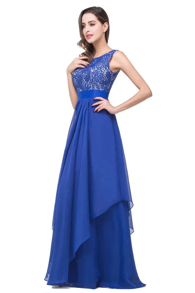 Abito da sera lungo fino al pavimento in chiffon e pizzo a linea ad A