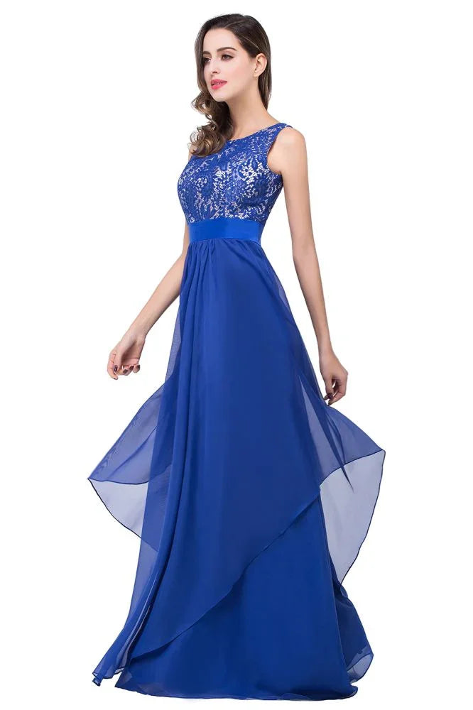 Abito da sera lungo fino al pavimento in chiffon e pizzo a linea ad A