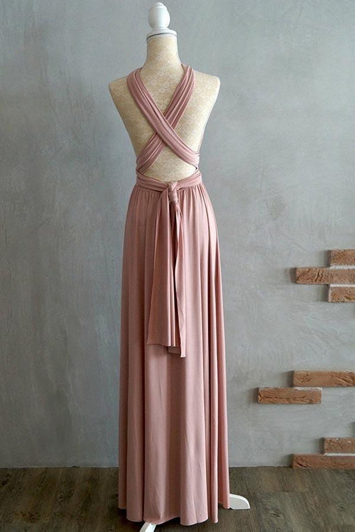 Abito da damigella d'onore in spandex color rosa cipria, linea a trapezio, lunghezza fino al pavimento, con spalline incrociate BD043
