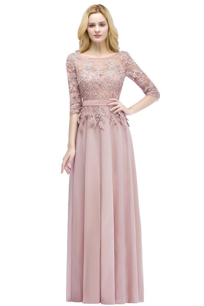 A-line Floor Length Half Sleeves Appliques Bridesmaid Dresses with Sash