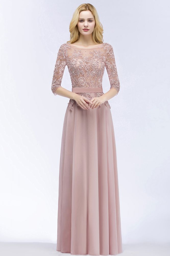 A-line Floor Length Half Sleeves Appliques Bridesmaid Dresses with Sash