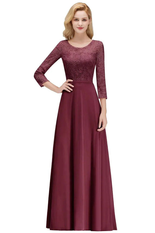 Abiti da damigella d'onore in chiffon di pizzo, linea a trapezio, lunghezza fino al pavimento, con maniche